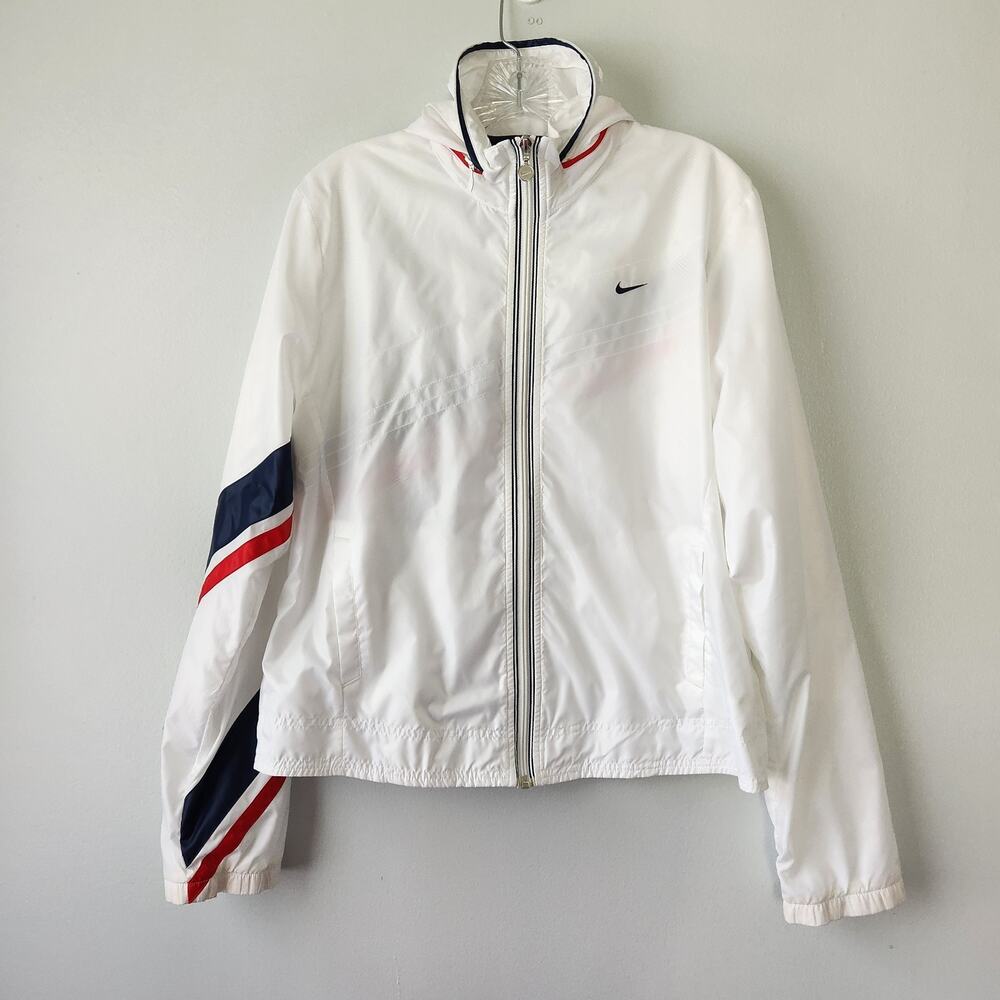 Nike Vintage Track Jacket Women's L 12-14 White Red Blue Windbreaker 90's Sports